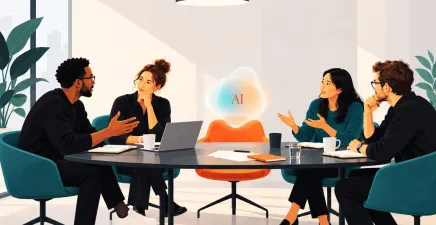 People around table with one empty chair filled with an AI bubble