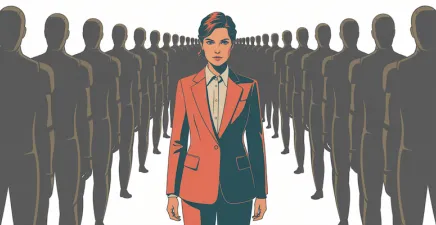 woman in orange suit in front of grey robotic figures