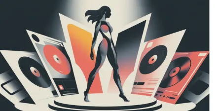 A bold, symbolic vector-style landscape illustration featuring a central spotlighted figure standing confidently on a stage-like platform, surrounded by album-like panels unfolding behind them that echo transformation.The figure is anonymous but expressive: part silhouette, part shape.