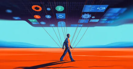 A man with puppet strings being controlled by a digital interface