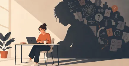 Female worker at desk with few items. She is shadowed by a large version of her with icons of apps, to do lists and checklists
