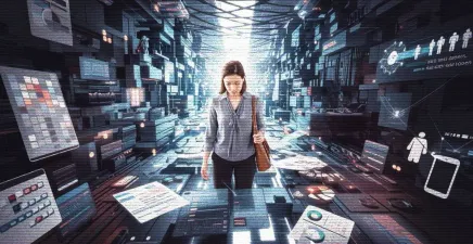 A stressed female HR leader standing in the centre of a chaotic, cluttered environment filled with a tangled web of AI tools, strategies and digital devices