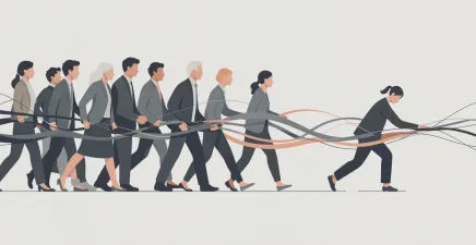 A crowd of business people following one leading the change