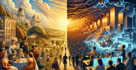 An illustration of a pastoral scene in sunshine with people in period clothes to represent the glorious path on the left and a dystopian view of office workers on the right for the complex future