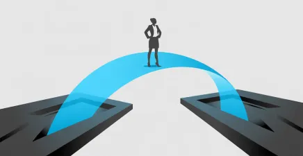 A professional businesswoman's silhouette stands confidently at the centre of a luminous bridge