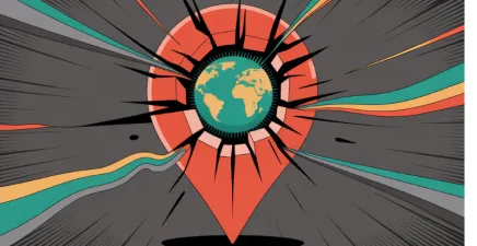 A bold comic style graphic of a map pin exploding out with a globe inside it