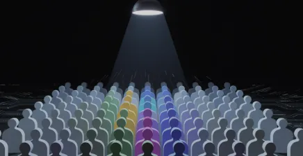 Rows of faceless people with a spotlight on a number of them in the middle in different colours
