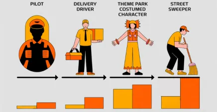 Pilot, delivery driver, theme park performer and street sweeper graphics with bar charts underneath