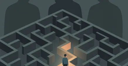 A symbolic vector-style landscape illustration showing a maze-like office floor seen from above, where most paths are dark and disconnected. One path is subtly illuminated, with a single small human figure standing at a crossroads