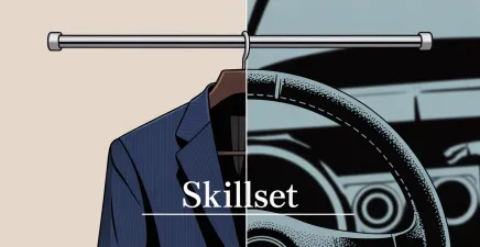 a split-screen style thumbnail of a business jacket and steering wheel