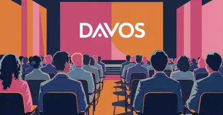 Illustration of a conference with people looking at a screen with the word Davos on it