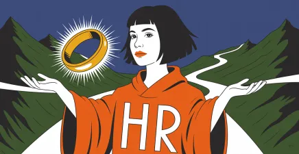 a-stylised-female wearing a cape with HR on it seeking a gold ring