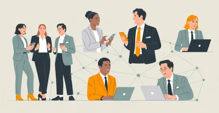 Groups of business people with some talking together and others networking via digital devices