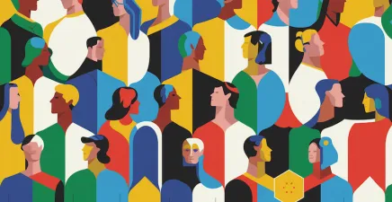 Geometrical group of people of diverse looks set in a strong coloured stylistic background